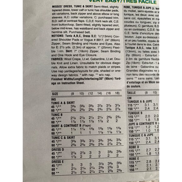 Vogue Misses Dress Tunic Skirt Sewing Pattern 1288 Sz 8 - 10 - Uncut - Picture 7 of 9